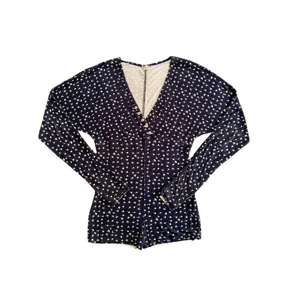 Free People Navy Floral L/S Thumbhole Romper PJ | Soft Girl Boho Coquette Lounge - Picture 2 of 16